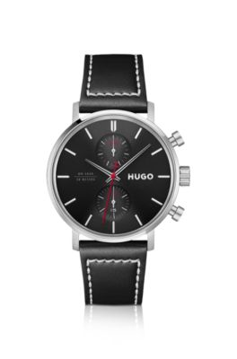 Multifunction pilot watch with a leather strap, Schwarz