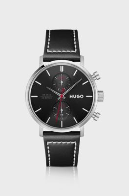 #Takeoff black-dial watch with stitched leather strap, Black