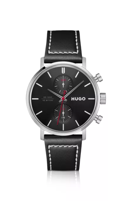 #Takeoff black-dial watch with stitched leather strap