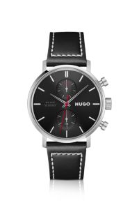 Multifunction pilot watch with a leather strap, Black