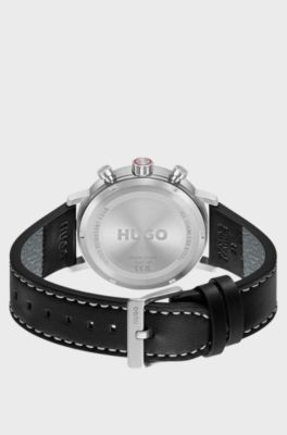 #Takeoff black-dial watch with stitched leather strap, Black