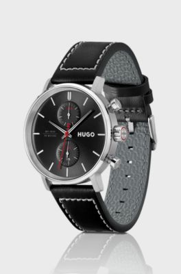 #Takeoff black-dial watch with stitched leather strap, Black