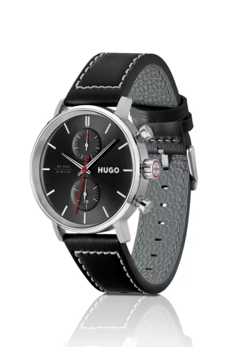 #Takeoff black-dial watch with stitched leather strap