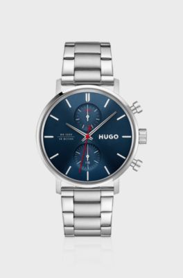 Multifunction stainless-steel watch with blue dial, Silver tone