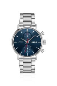 Multifunction stainless-steel watch with blue dial, Silver tone