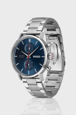 Multifunction stainless-steel watch with blue dial, Silver tone