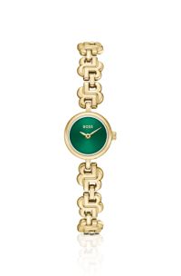 Double B Dressy horloge met groene wijzerplaat en monogram-polsband, Goudkleurig