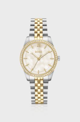 Graceful two-tone watch with crystal-set bezel, Silver tone