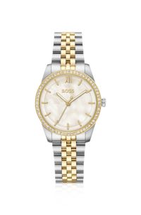 Elegant tweekleurig horloge met kristallen bezette lunette, Zilverkleurig