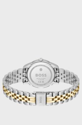 Graceful two-tone watch with crystal-set bezel, Silver tone
