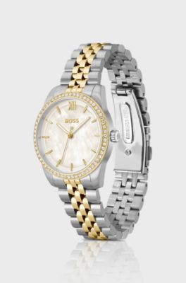Graceful two-tone watch with crystal-set bezel, Silver tone