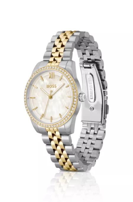 Graceful two-tone watch with crystal-set bezel