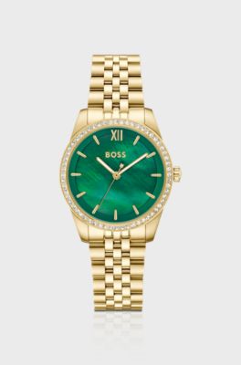 Graceful green-dial watch with crystal-set bezel, Gold tone