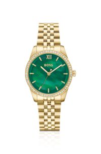 Graceful green-dial watch with crystal-set bezel, Gold tone