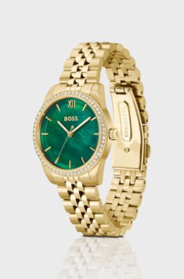 Graceful green-dial watch with crystal-set bezel, Gold tone