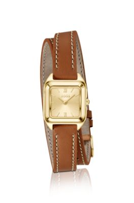 Mae Petite golden watch with double-wrap leather strap, Brown