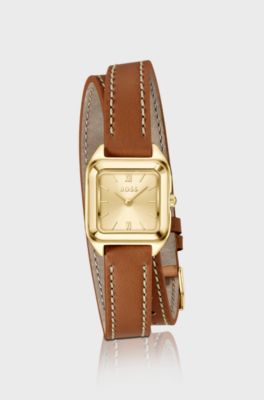 Mae Petite golden watch with double-wrap leather strap, Brown