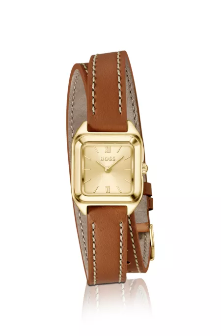 Mae Petite golden watch with double-wrap leather strap