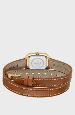 Mae Petite golden watch with double-wrap leather strap, Brown
