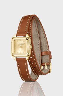 Mae Petite golden watch with double-wrap leather strap, Brown