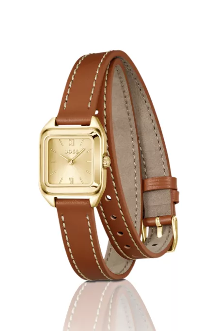 Mae Petite golden watch with double-wrap leather strap