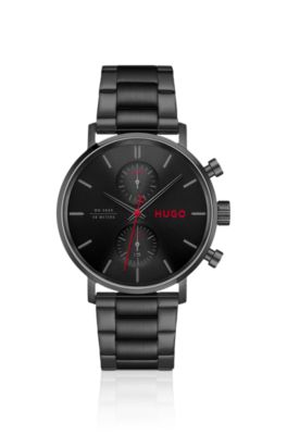 Chronograph watch in stainless steel with red details, Black