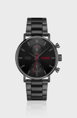 Chronograph watch in stainless steel with red details, Schwarz