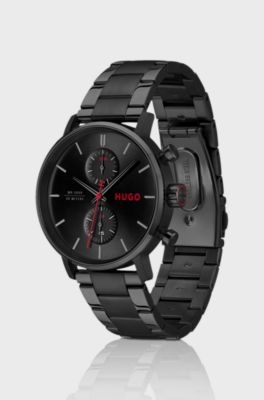 Chronograph watch in stainless steel with red details, Schwarz