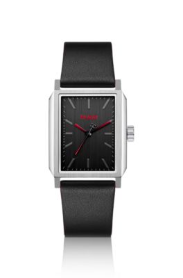 Leather strap watch with a rectangular stainless steel case, Black