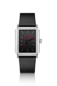 Leather strap watch with a rectangular stainless steel case, Black