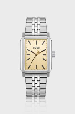 #Steeze rectangular watch with gold-tone dial, Silver tone