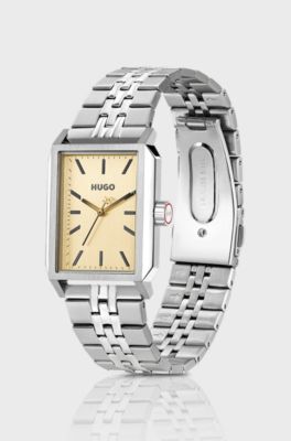 #Steeze rectangular watch with gold-tone dial, Silver tone