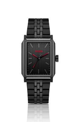Rectangular stainless-steel watch with a brushed dial, Black