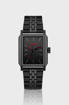 Rectangular stainless-steel watch with a brushed dial, Black