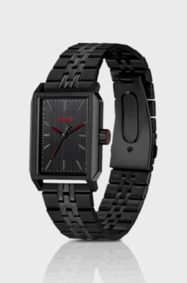 Rectangular stainless-steel watch with a brushed dial, Black