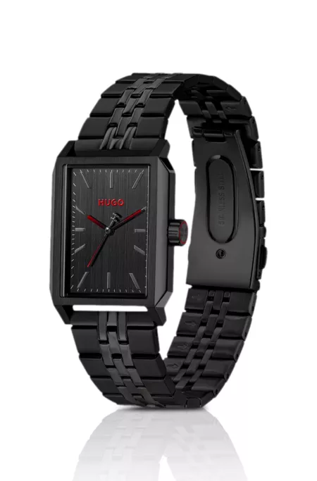 #Steeze rectangular black-plated watch with black dial