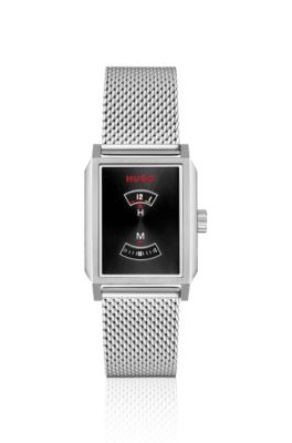 Jump-hour watch in stainless steel with mesh bracelet, Silver tone