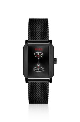 Tank-style stainless-steel watch with mesh bracelet, Black