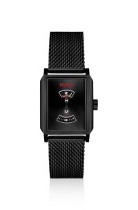 Tank-style stainless-steel watch with mesh bracelet, Black