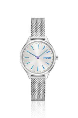 Stainless-steel watch with crystal-set hour markers, Silver tone
