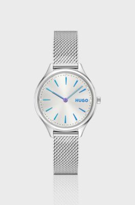 #Glossy stainless-steel watch with crystal markers, Silver tone