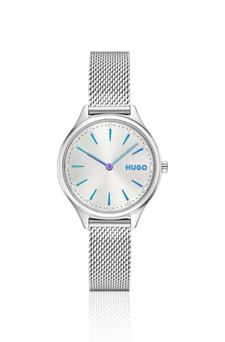 #Glossy stainless-steel watch with crystal markers