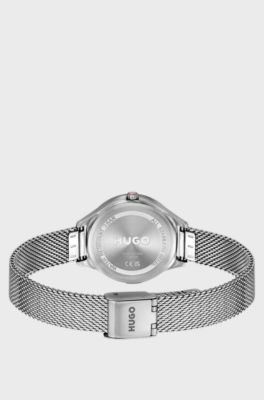 #Glossy stainless-steel watch with crystal markers, Silver tone