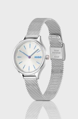 #Glossy stainless-steel watch with crystal markers, Silver tone