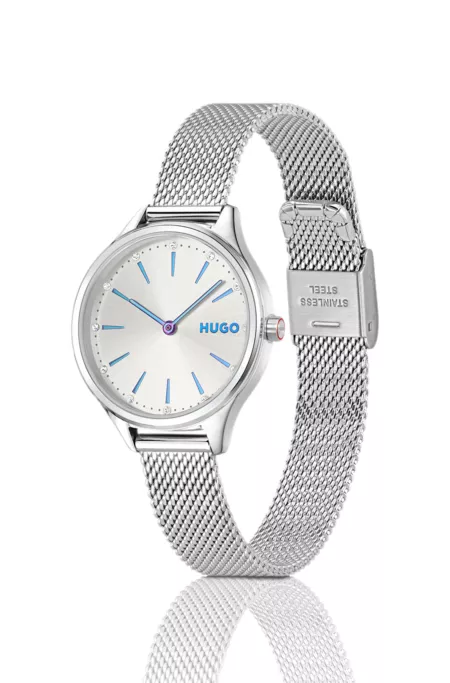 #Glossy stainless-steel watch with crystal markers