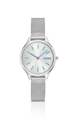 Crystal-accented stainless-steel watch with sunray dial, Silver tone