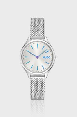 Crystal-accented stainless-steel watch with sunray dial, Color argento