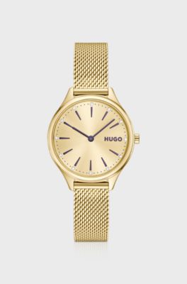 #Glossy light-gold-tone steel watch with crystal markers, Silver tone
