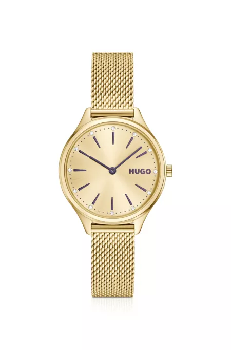 #Glossy light-gold-tone steel watch with crystal markers