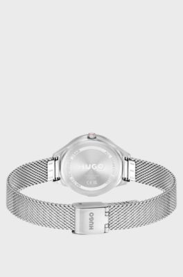 Crystal-accented stainless-steel watch with sunray dial, Color argento